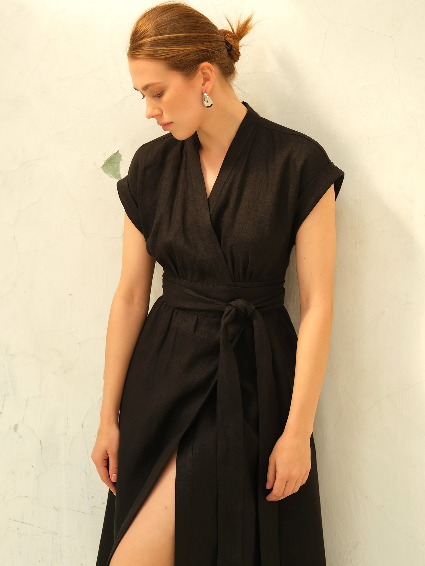 Linen Wrap Midi Dress, Black