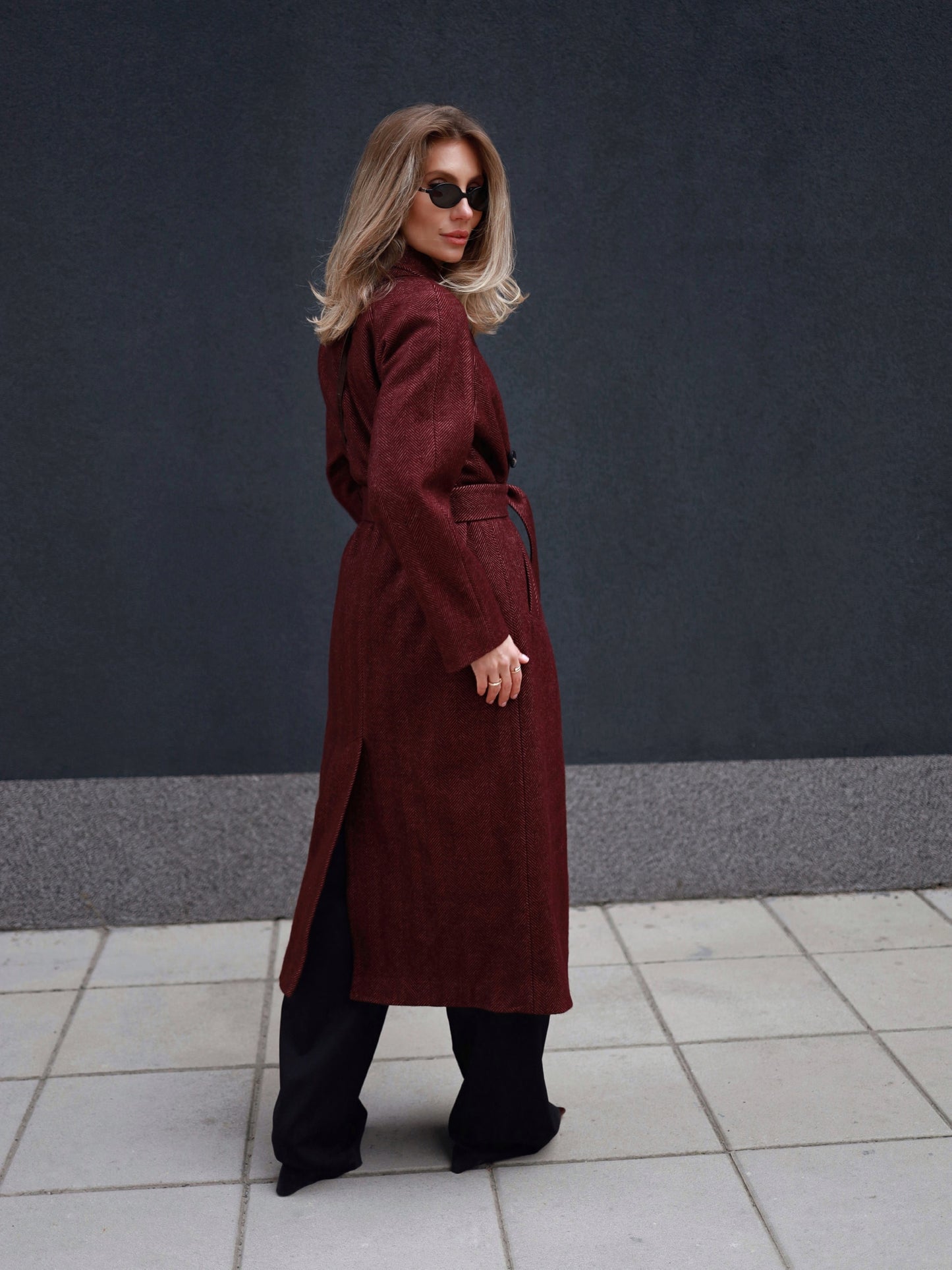 Burgundy Herringbone Raglan Wool Coat