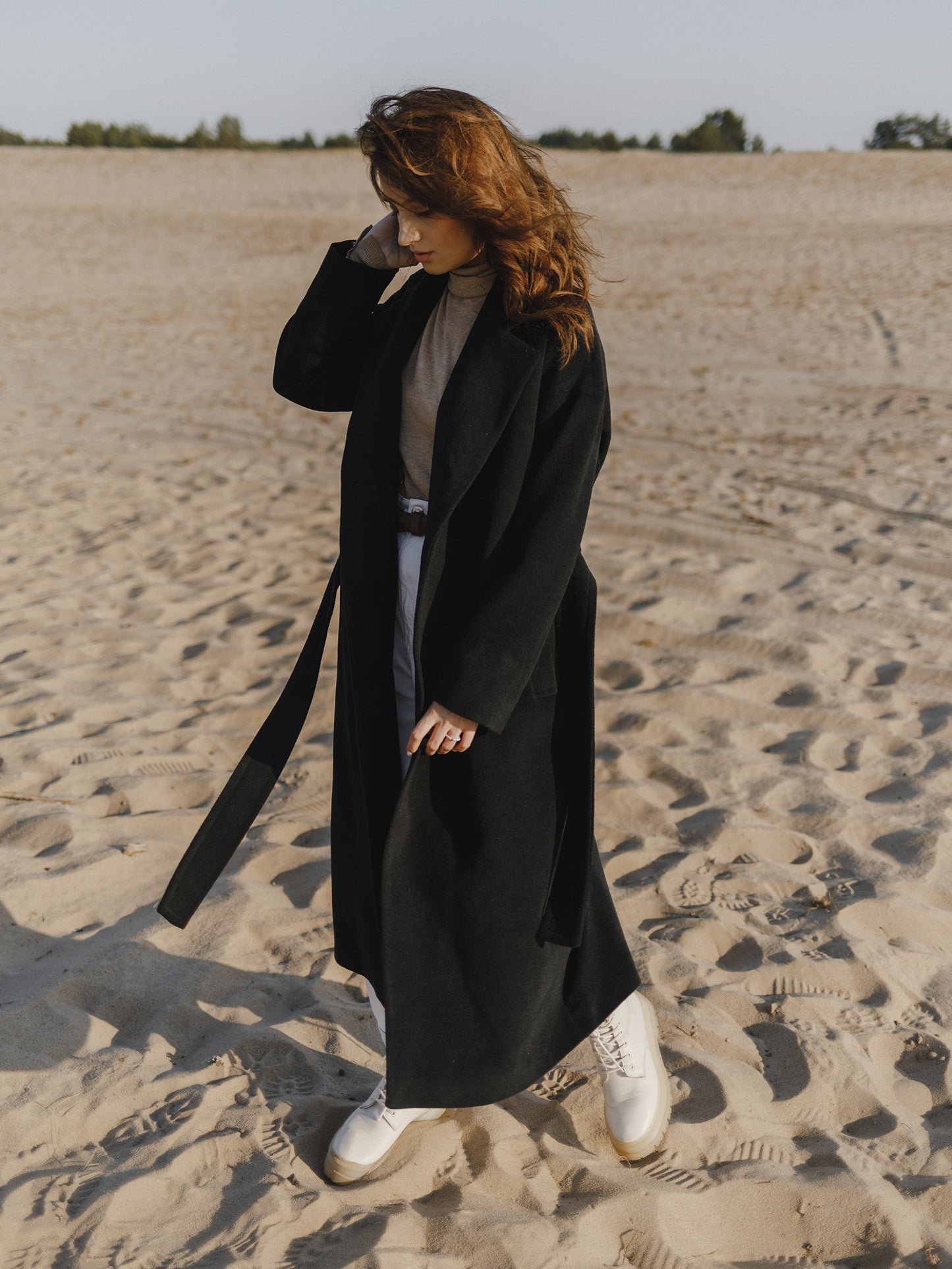 Black Flared Wool Coat with belt