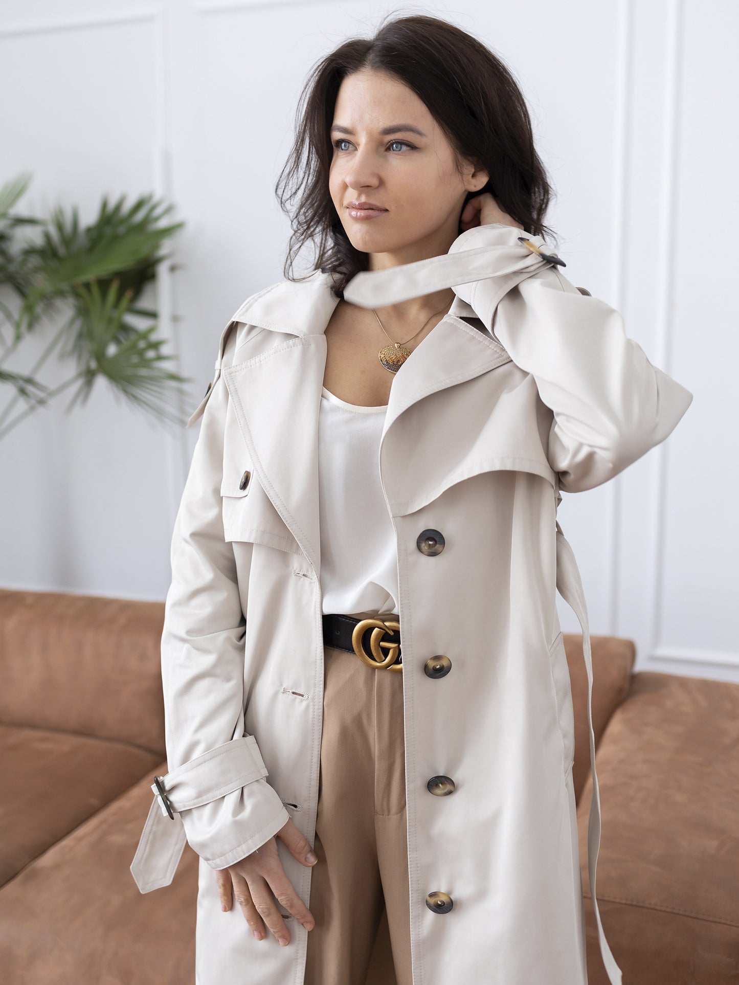 Double-breasted water-resistant Gun Flap Trench Coat, Milk