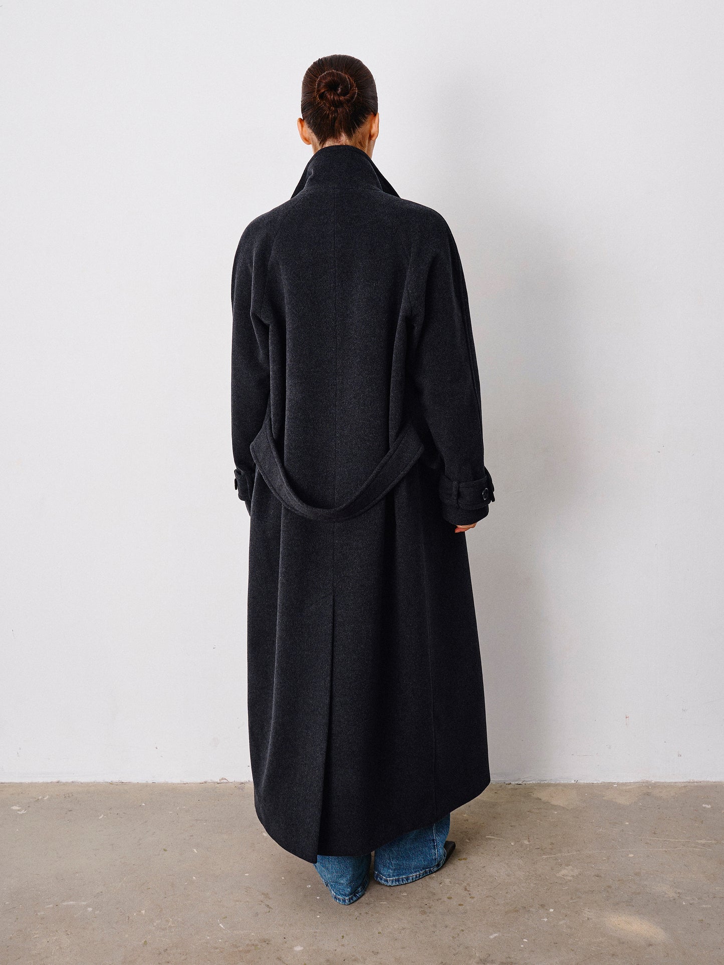Graphite Wool Coat with Stand Collar – Wabi-Sabi Elegance | CHELIE