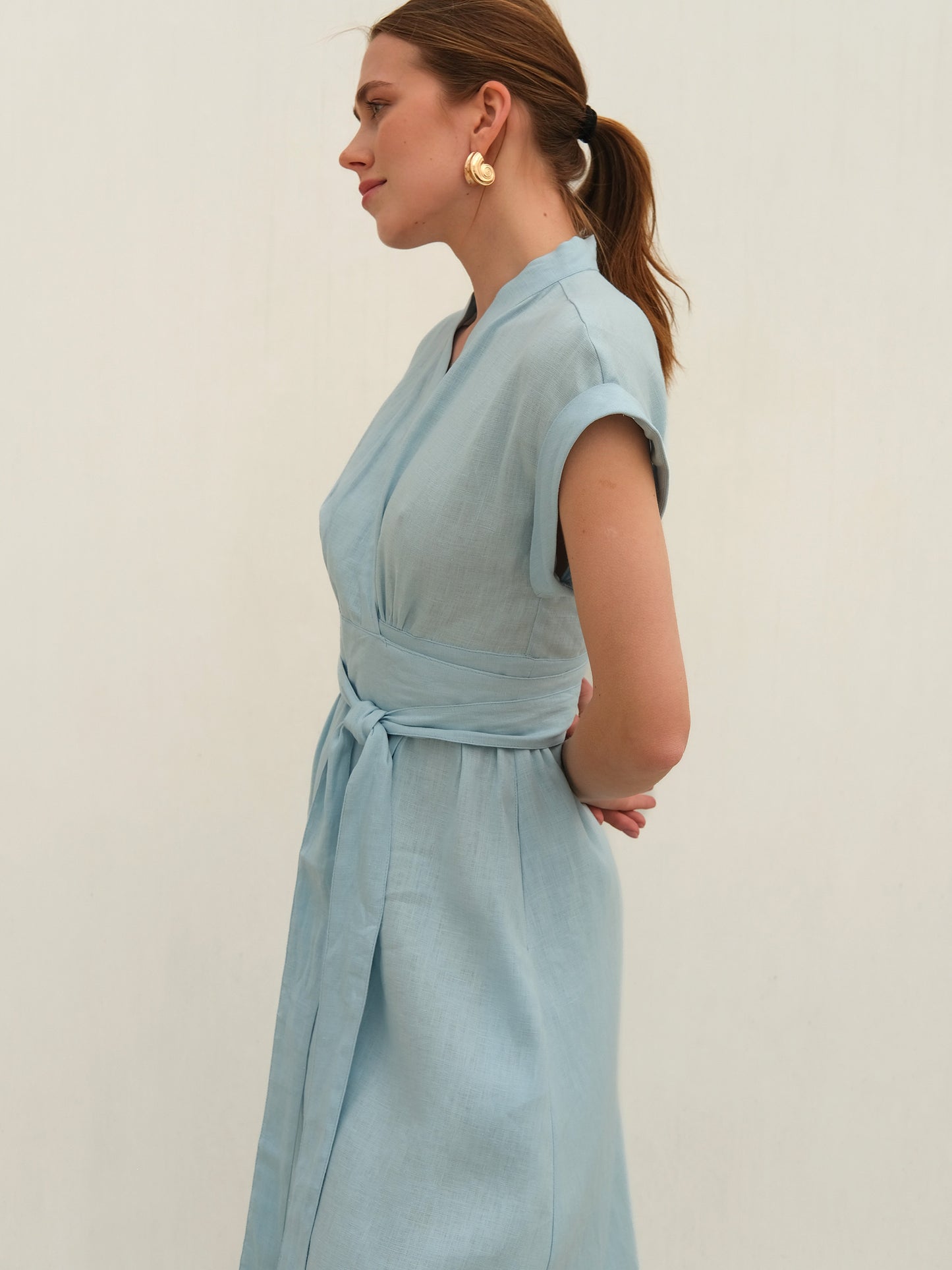 Linen Wrap Midi Dress, Light Blue