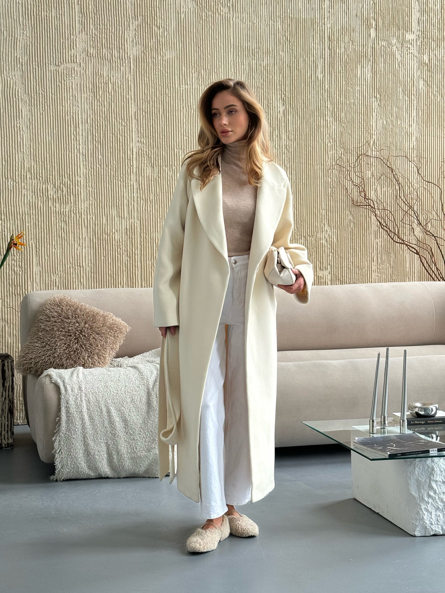 White Double-Breasted Coat with Belt