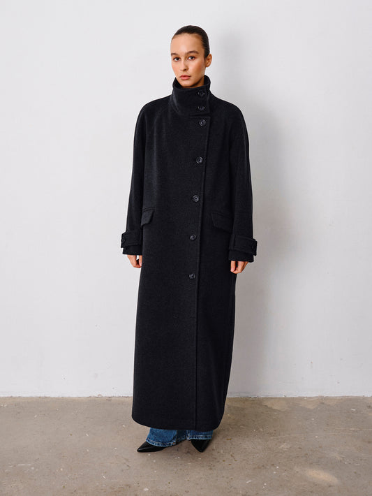 Graphite Wool Coat with Stand Collar – Wabi-Sabi Elegance | CHELIE