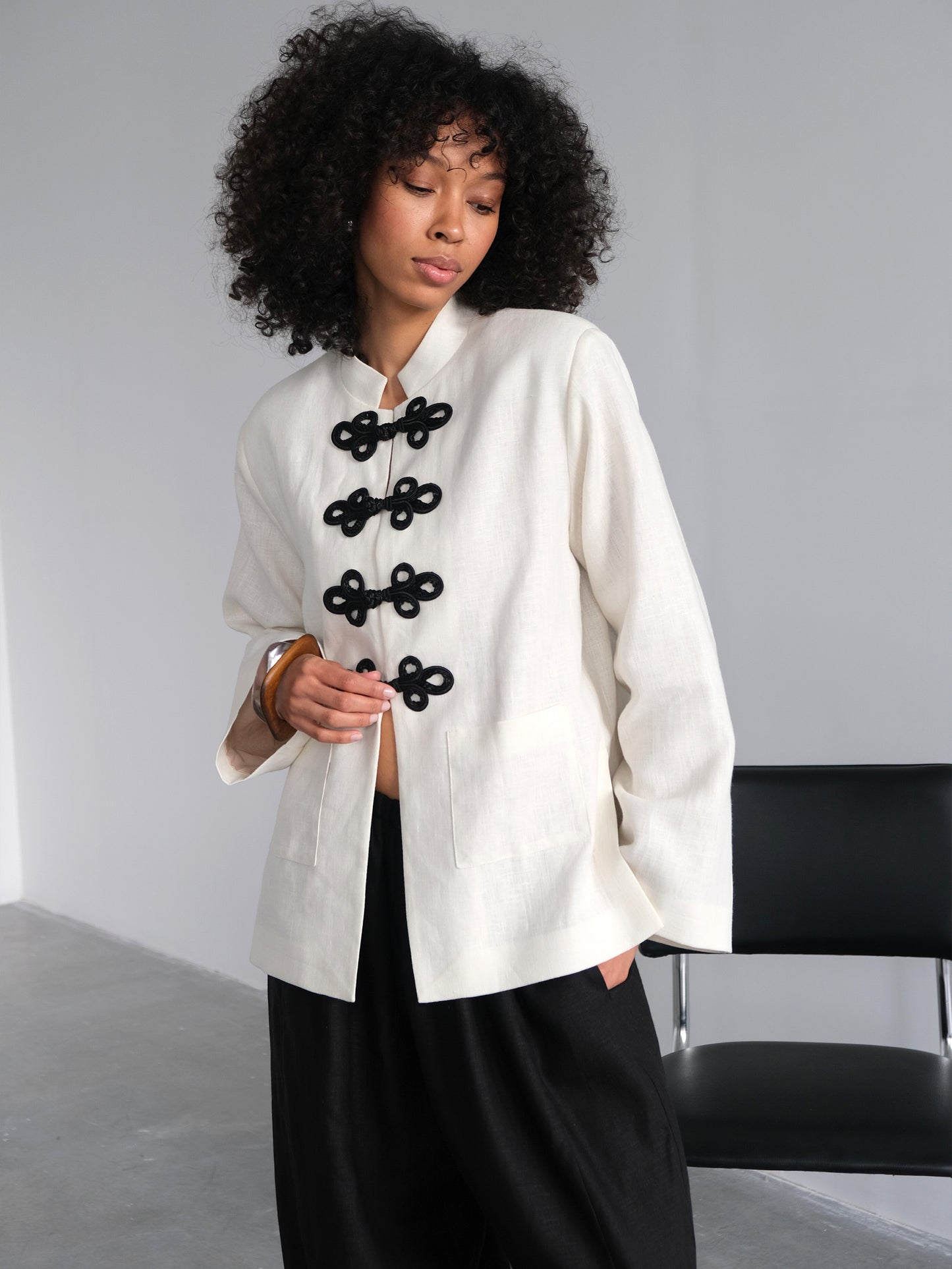 Linen Jacket with Frog Closures, Milk