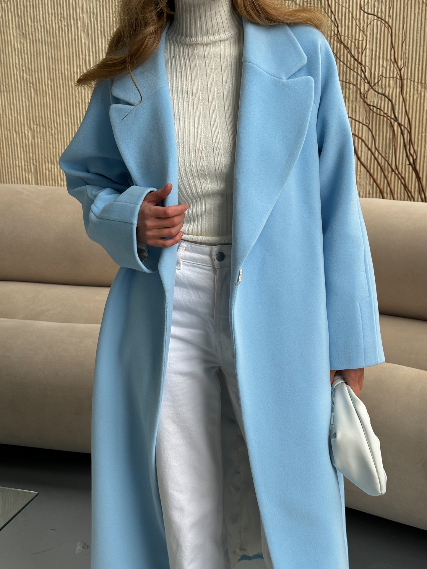 Blue Double-Breasted Long Coat with pockets