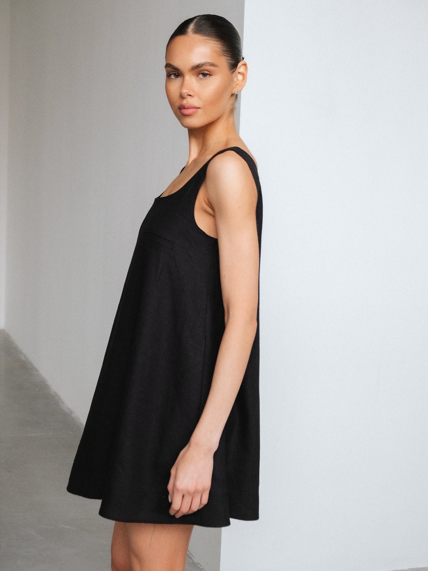 Linen Mini Dress, Black
