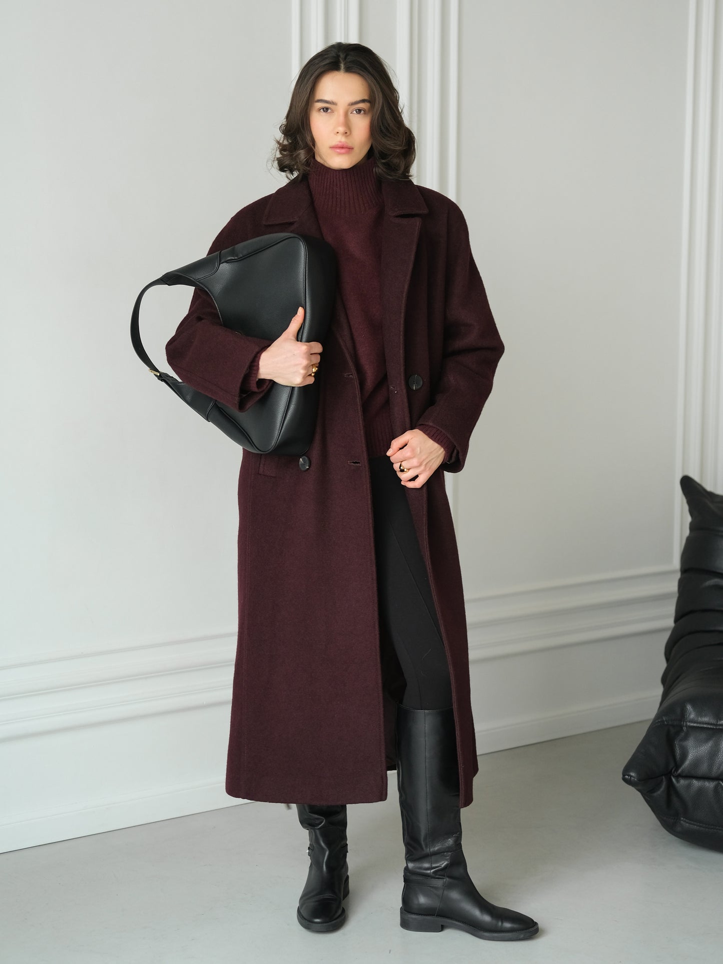 Burgundy Long Coat with Buttons