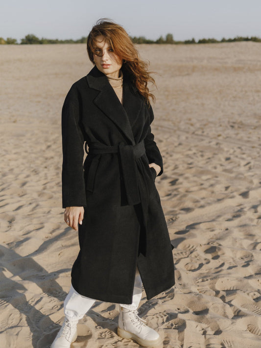 Black Flared Wool Coat with belt