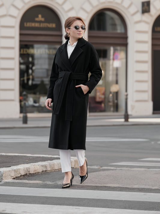 Black Wool Coat with Belt