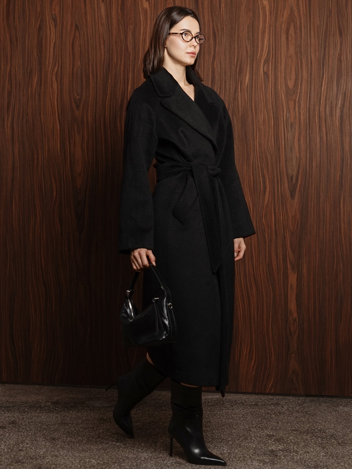 Black Wool Double-Breasted Coat with Belt 4