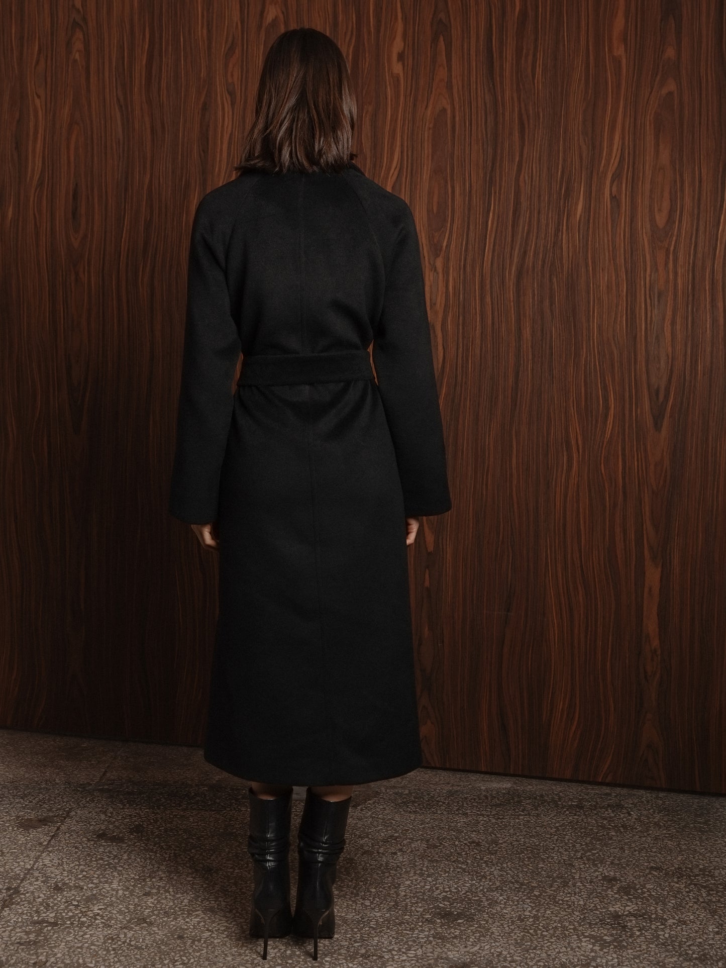 Black Wool Double-Breasted Coat with Belt 7