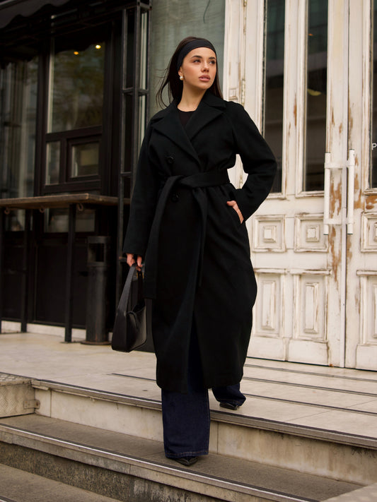 Black Wool Maxi Coat with Belt