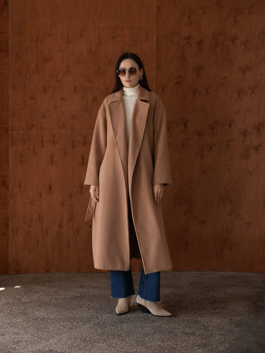 Camel Oversized Double-Breasted Long Coat