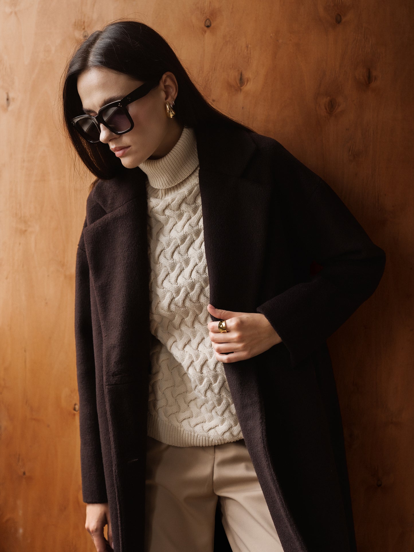 Dark Chocolate Long Wool Coat with Belt 8